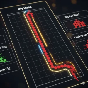 An educational graphic focused on the Baccarat 'Big Road'. The image shows a close-up of the Big Road grid, with a long, dramatic 'dragon' streak of red circles snaking down a column and turning at the bottom. The path of the dragon is highlighted. In the background, slightly blurred, are the other baccarat roads to provide context. The style is a mix of a clean, modern interface and a touch of casino elegance.