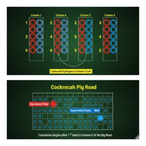 A diagram illustrating the hypothetical calculation of the Baccarat Cockroach Pig road, showing Big Road columns and how a new entry in Column 5 would compare to Column 1 to determine 'Symmetry/Order' (red) or 'Asymmetry/Chaos' (blue) for the Cockroach Pig grid.