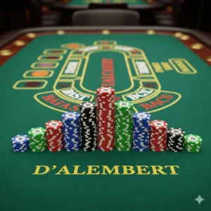 A Baccarat table with a line of casino chip stacks illustrating the D’Alembert System. The stacks show a gentle, step-by-step progression, increasing by one unit at a time and then decreasing by one unit, resembling a shallow, symmetrical pyramid or a gentle wave. This visualizes the low-volatility, arithmetic nature of the strategy. The atmosphere is calm and balanced, neither overly risky nor completely static, and no people are visible.