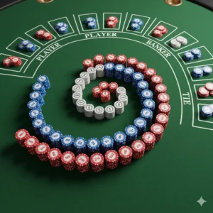 A Baccarat table from a top-down perspective, with no people. Casino chips are arranged to represent the Fibonacci sequence (1, 1, 2, 3, 5, 8...). The chip stacks grow in a gentle, curving, spiral pattern across the green felt, evoking the look of a nautilus shell. This visualizes the natural, mathematical progression of the strategy. The lighting is clean and focused, creating a studious and strategic atmosphere.