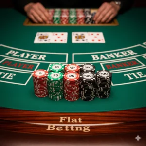 A sophisticated Baccarat table from a player's perspective. Several stacks of casino chips of the exact same height are neatly arranged, illustrating the 'Flat Betting' strategy. The focus is on the chips and the felt table, with cards dealt for a 'Player' and 'Banker' hand in the background. The atmosphere is calm and strategic.