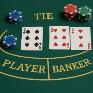 A close-up view of a baccarat table showing the betting layout for Player, Banker, and Tie. The image includes playing cards and stacks of blue, red, and green casino chips.