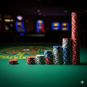 A dramatic Baccarat table representing the Martingale System. On one side, a single small stack of casino chips represents an initial bet. Following a path across the table, each subsequent stack of chips is double the height of the previous one, culminating in a tall, dangerously unstable tower of chips that is about to topple over. This visualizes the exponential risk of the strategy. The lighting is dim and focused, creating a tense and high-stakes atmosphere.