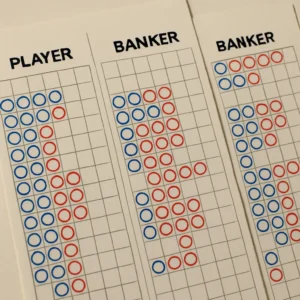 Three close-up baccarat scoreboards, or "roads," showing grids filled with red and blue hollow circles that track the winning streaks of Banker and Player hands.