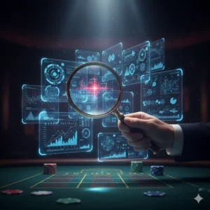 A hand holding a magnifying glass over multiple floating holographic screens displaying complex data charts and graphs above a baccarat table with casino chips, symbolizing deep analysis and investigation.
