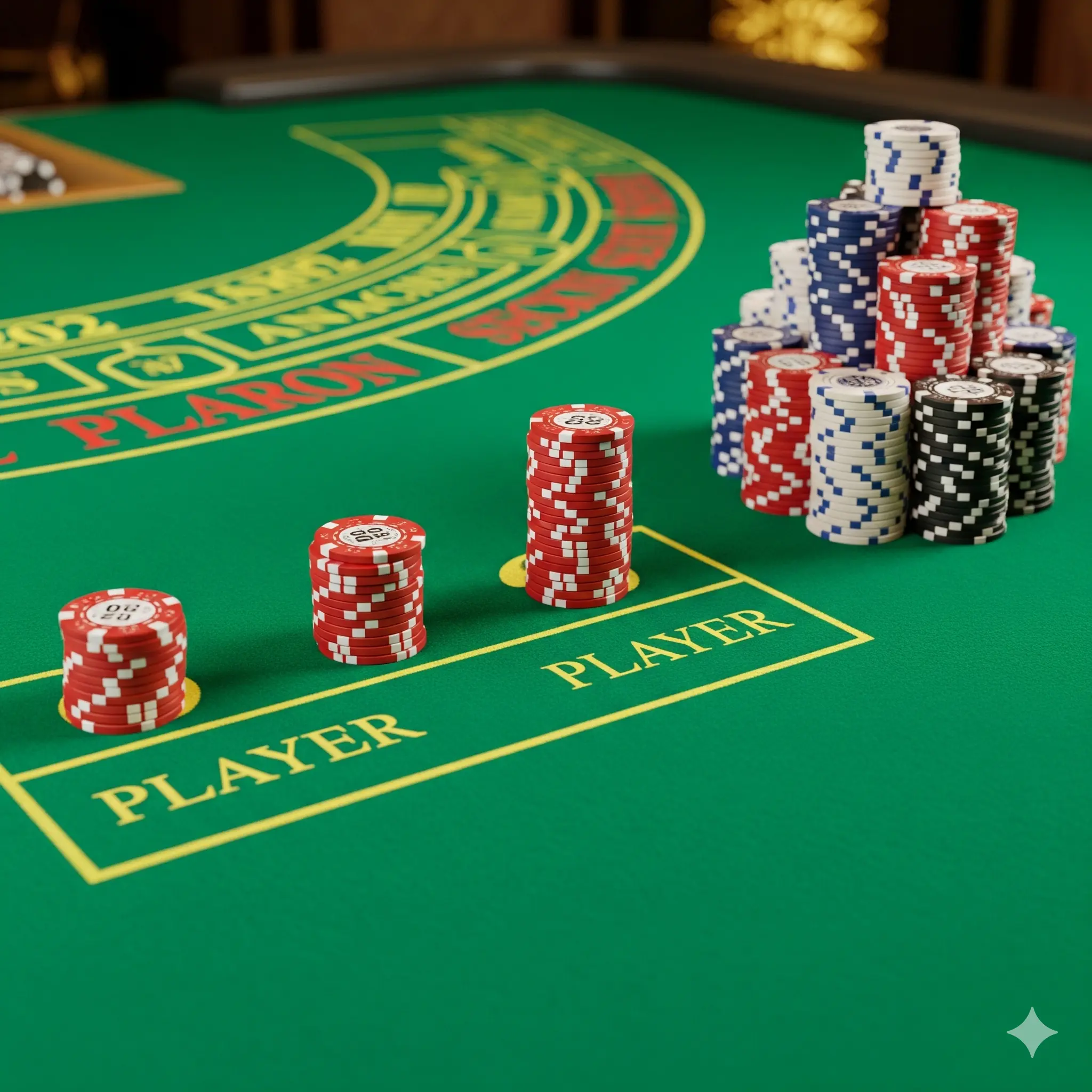 An uplifting Baccarat table illustrating the Paroli System. It begins with a small, single stack of casino chips for the initial bet. A visual path of three winning hands is shown. After the third win, the player's hands are seen happily raking in a large, stable pile of chips, representing the profit-taking stage. The scene is bright and optimistic, conveying a sense of successful, controlled betting.