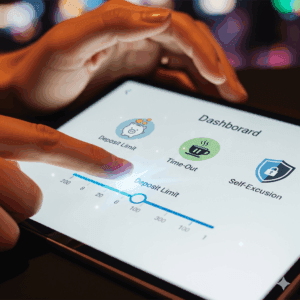 A symbolic image for a Responsible Gambling guide. A person's hand is shown interacting with a clean, friendly digital dashboard on a screen. The dashboard features clear, simple icons for 'Deposit Limit' (represented by a piggy bank), 'Time-Out' (represented by a pause button/coffee cup), and 'Self-Exclusion' (represented by a shield/lock). The person's finger is confidently adjusting a slider for the 'Deposit Limit'. The overall tone is empowering, supportive, and focused on player well-being and control.